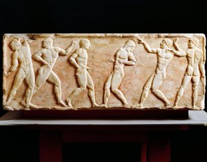 Stele depicting athletes at gymnasium, From Kerameikos necropolis in Athens, Greece, 510 BC by Greek