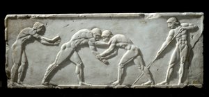 Greek Art: Base of Kouros Representing Wrestlers During a Fight