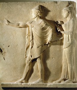 Hermes Agoraios and a Charity, Relief from the Passage of the Theores, from Thasos, c.470 BC