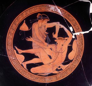 Minotaur killed by Theseus - Greek vase kept at the Museo Archeologico de Firenze. Interior of the pentic cup with red figures, painter of Dokimasia. 480 BC.