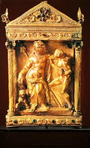 Naiskos with Dionysus inebriated and satyr, small Hellenistic style temple with garnets and emeralds from Thessaly by Greek