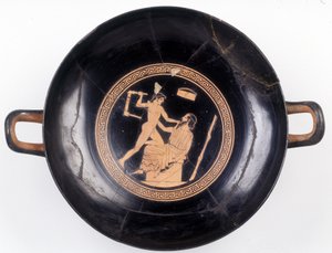 Painting on cup: Representation of Heracles waving a chair to knock out his music master, 470 BC. BNF, Medal Office