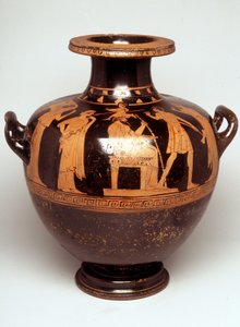 Painting on Vase: Representation of Jupiter (Zeus) Truncating in the Center. Above Her Head Appears Athena, Every Army (Birth of Athena). Facing Zeus, is Hephaistos. 470 BC. BNF, Cabinet des Medailles by Greek