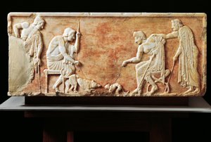 Stele depicting fight between dog and cat, 510 BC by Greek