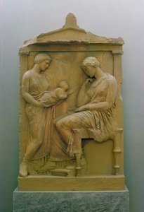 Funerary stela depicting a maid holding a baby out to a seated woman by Greek School