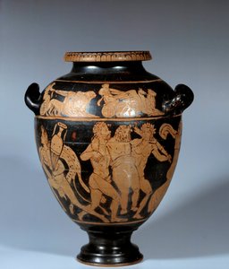 Greek Art: Attic Stamnos in Ceramic with Red Figures. Dionysian Scene by Greek School