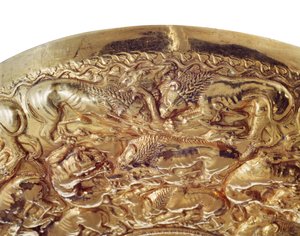 Libation bowl with embossed decorations in the shape of lions and panthers by Greek School