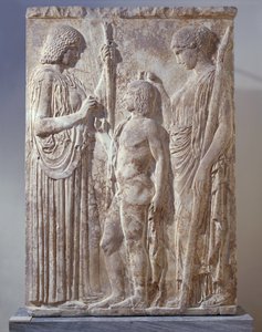 Marble Bas-Relief Depicting Triad of Eleusinian Mysteries with Persephone, Demeter and Triptolemus by Greek School