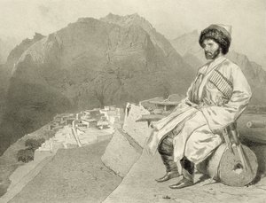 View of Ghimri and Portrait of Hadji-Mourad, plate 66 from a book on the Caucasus, engraved by Jules Joseph Augustin Laurens and Eugene Ciceri by Adolphe Mouilleron