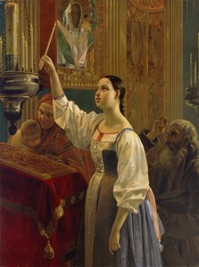 A Girl Placed a Candle Before the Icon by Grigori Karpovich Mikhaylov