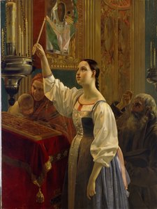 Girl Placing a Candle Before the Icon. by Grigory Mikhailov