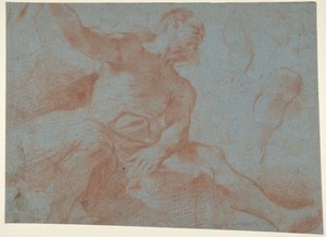 Seated Old Man with Right Arm Upraised (Tithonus) (recto) by Guercino