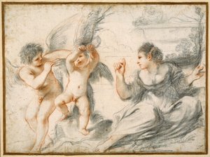 Venus scolding Cupid, while an older cupid binds him to a tree