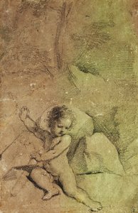 Cupid drawing an Arrow from a Quiver, in a Landscape by Guercino