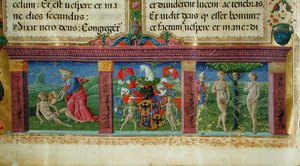 The Creation and Temptation of Adam and Eve with the coat of arms of the House of Este, from the Bible des Chartreux by Guglielmo Giraldi