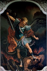 The Archangel Saint Michael Terrassing the Dragon by V. M. De Girolamo after Guido Reni, 1957