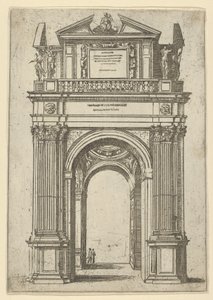 Triumphal Arch Surmounted by Woman Seated on a Dolphin, Four Standing Figures Below, a Temple by Guido Reni