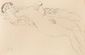 Recumbent female nude, toward the left, 1917 by Gustav Klimt