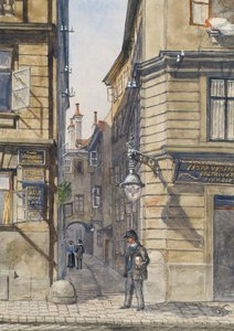 The Brunngasse with the First Vegetarian Restaurant in Vienna by Gustav Korompay