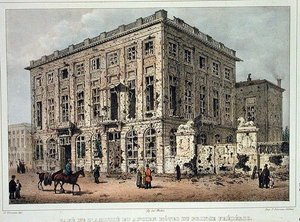 The Cafe Amitie and the Old Hotel du Prince Frederic, Brussels, after the Fighting of 23rd-26th September 1830, engraved by Jean Baptiste Madou by Gustave Adolphe (after) Simoneau