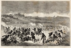 A ball game among the Choctaw Indians, tribe of the Mississippi region, drawn by Gustave Dore, to illustrate the Mississippi voyage to the Pacific Ocean in 1853-54 by Baudouin Mollhausen. Engraving in 