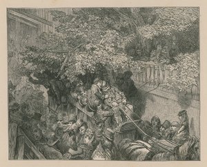 A crowded horse-drawn coach