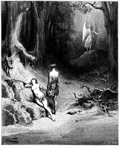 Adam and Eve are hunting from Paradise. Illustration by Gustave Dore for “Paradise Lost” by John Milton. Engraving from 1866. Private Collection