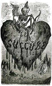 Chapter head illustration by Gustave Dore for the Drolatic Tales (1855) by Honore de Balzac: the succubus (vampire) - skeleton, death, heart, blood by Gustave Dore