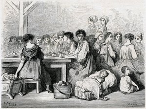 Cigarreras of Seville. Manufacture of cigars, workers, tobacco. Drawing by Gustave Dore illustrating the Voyage en Espagne by Charles Davillier by Gustave Dore