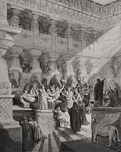 Daniel Interpreting the Writing on the Wall, Daniel 5:25-28, illustration from Dore