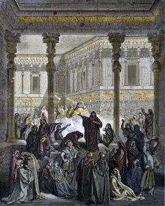 Daniel confounding the priests of Baal - engraving in “The Bible Illustrated” by Gustave Dore - Engraving from “The Dore Bible”