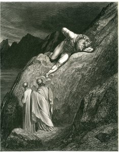 Dante and Virgil meet the Minotaur. Engraving from The Hell by Dante Alighieri (the Divine Comedy) illustrated by Gustave Dore. French edition of 1861. "E in su la punta della rotta lacca/L