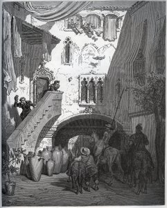 Don Quixote and Sancho Panza, invited by Don Diego de Miranda at home, are welcomed by the gentleman