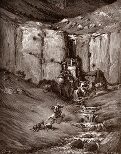 Don Quixote and Sancho Panza see a waterfall and noisy hovels Engraving by Gustave Dore (1832-1883) for “The Ingenious Hidalgo Don Quixote de la Mancha” by Miguel de Cervantes (1547-1616) 1863 Private collection by Gustave Dore