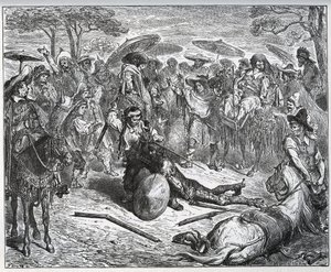 Don Quixote Beaten in the Middle of a Group of Merchants - The Mule Maker Had Taken a Taste of the Game - from "Don Quixote de la Mancha" by Miguel Cervantes by Gustave Dore