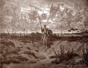 Don Quixote setting out on his adventures, Engraving by Gustave Dore