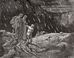 Engraving by Gustave Dore for Inferno by Dante Alighieri Canto XV lines 28 and 29 by Gustave Dore