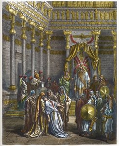Esther faints before King Ahasuerus - engraving in The Bible illustree by Gustave Dore - Engraving from The Dore Bible by Gustave Dore