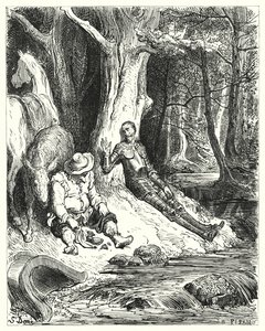A clear fountain, which Don Quixote and Sancho found among some verdant trees, served to refresh them