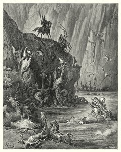 A vast lake of boiling pitch, in which an infinite multitude of fierce and terrible creatures are traversing backwards and forwards by Gustave Dore