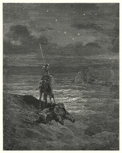 Don Quixote: "Don Quixote stayed there, waiting the approach of day" (engraving)