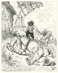 Don Quixote: "Sancho ran as fast as his ass could drive, to help his master" by Gustave Dore