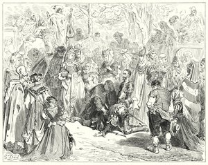 Don Quixote: "The poor virgin, trembling and dismayed without speaking a word, came to poor Basil" (engraving) by Gustave Dore