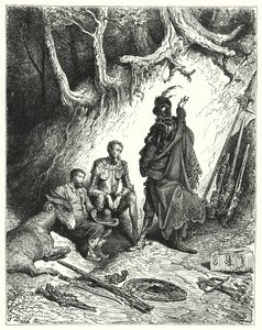 The squires left Don Quixote, Roque, and Sancho to await their return by Gustave Dore
