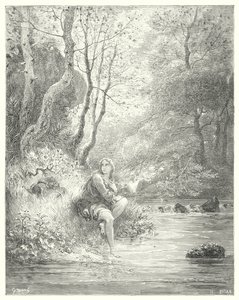 Don Quixote: "They spied a youth in a country habit, sitting at the foot of a rock behind an ash-tree" (engraving) by Gustave Dore