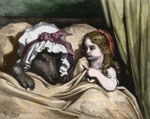 Little Red Riding Hood and Wolf dislike Grandma. Illustration by Gustave Dore by Gustave Dore