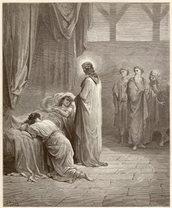 Miracle: Jesus Christ healed the daughter of Jaire (Jairus or Jairos). Engraving from the Bible illustrated by Gustave Dore (1832-1883) by Gustave Dore