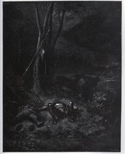 One of the fugitives, Gines de Passamont, steals the donkey from Sancho Panza during the sleep of the two travellers - from 