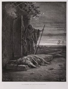 Outrage at Gibeah, the Levite carries his dead concubine away, Illustration from the Dore Bible by Gustave Dore