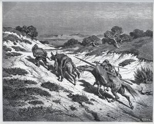 Sancho Panza, Don Quixote and Their Mounts After Their Defeat Against the Yangers